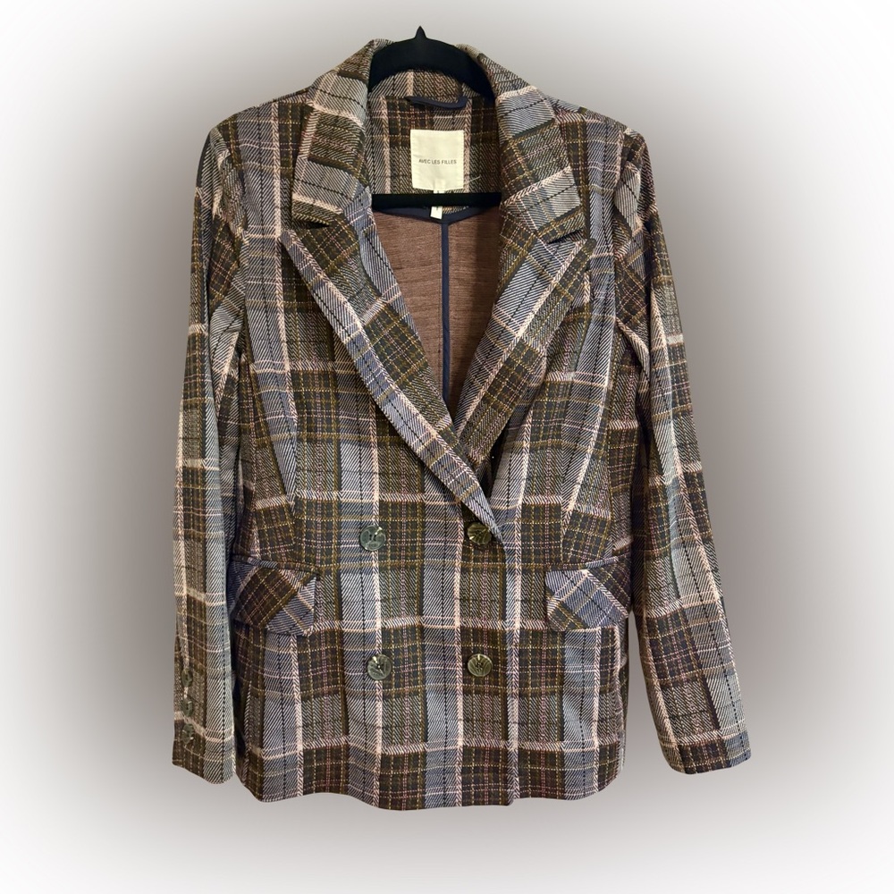 AVEC LES FILLES Double-Breasted Knit Plaid Blazer Jacket